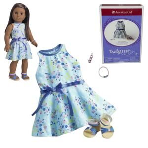 American Girl Spring Outfit Doll Clothes Blue Dress Shoes Bracelet Barrette Box